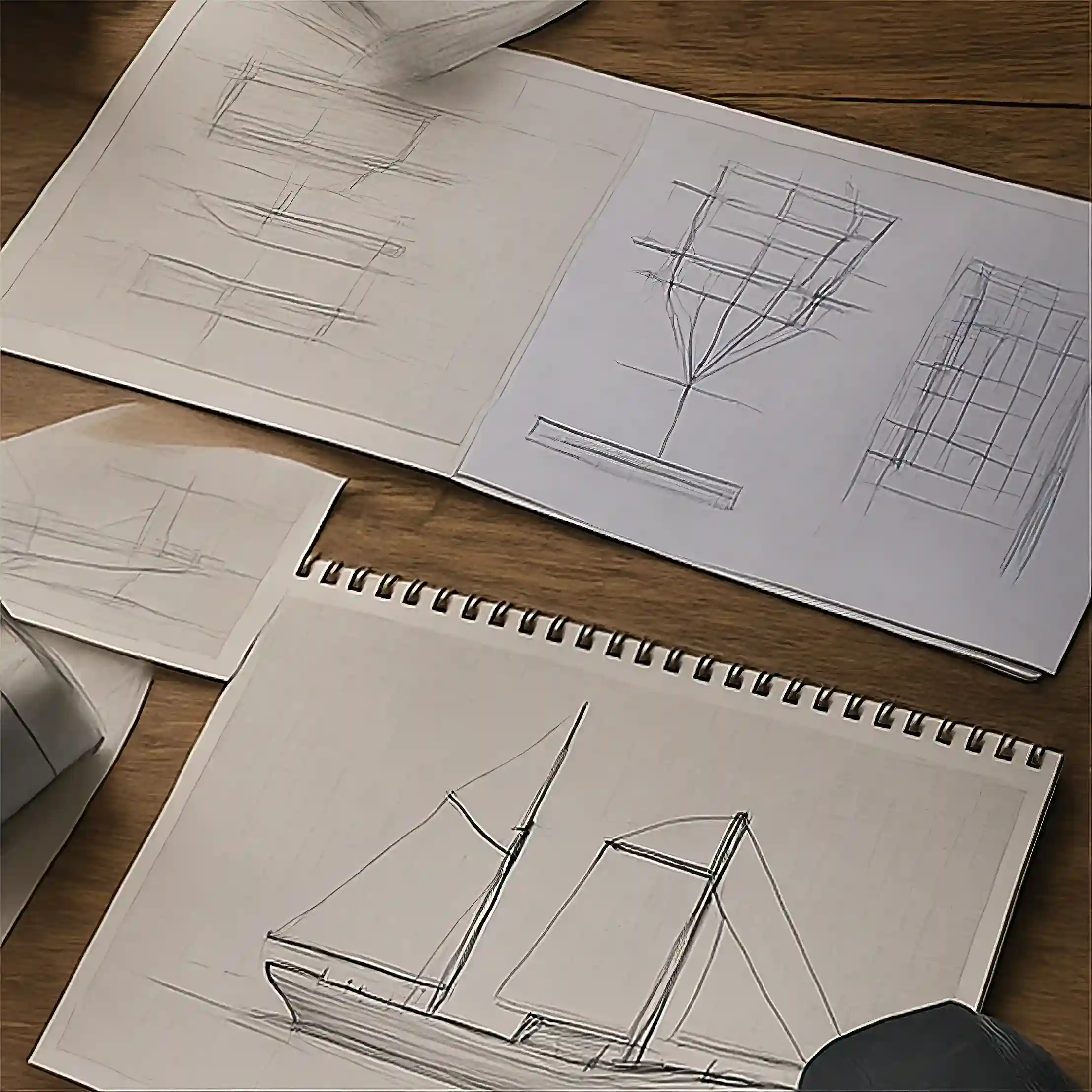 Naval architecture sketches and hull design drawings on a shipwright's worktable