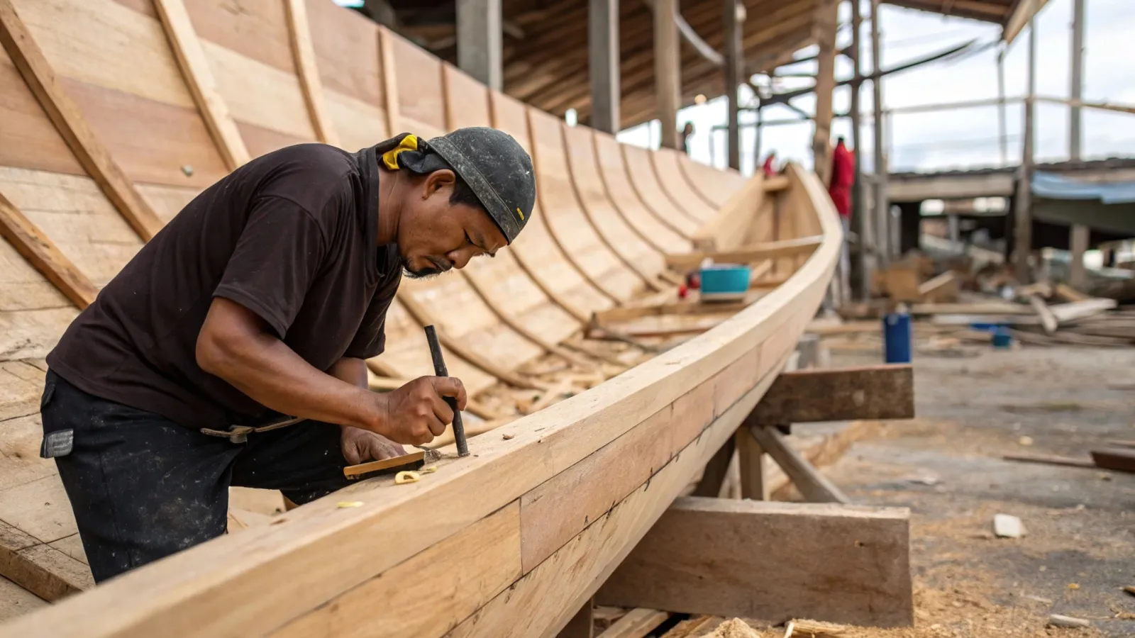 Craftsman planing a wooden hull plank by hand at an Indonesian shipyard