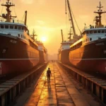 Busy Indonesian shipyard at dusk with several boats under construction on the slipway