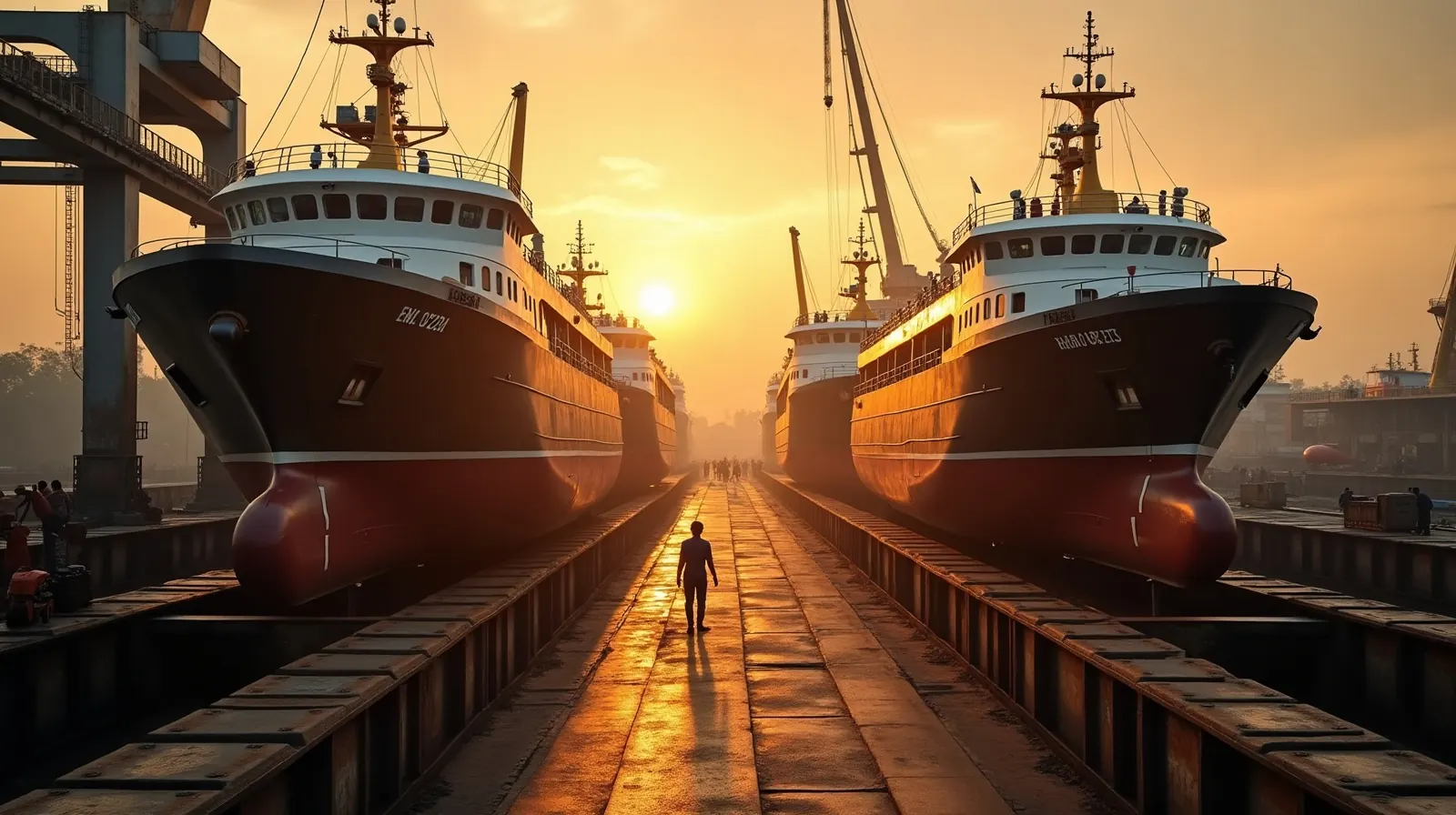 Busy Indonesian shipyard at dusk with several boats under construction on the slipway