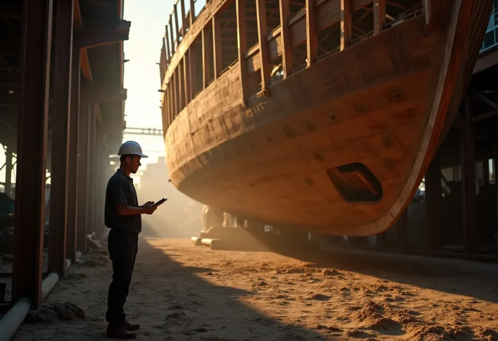 Marine surveyor inspecting the exposed wooden frames of an unfinished boat hull in an Indonesian shipyard
