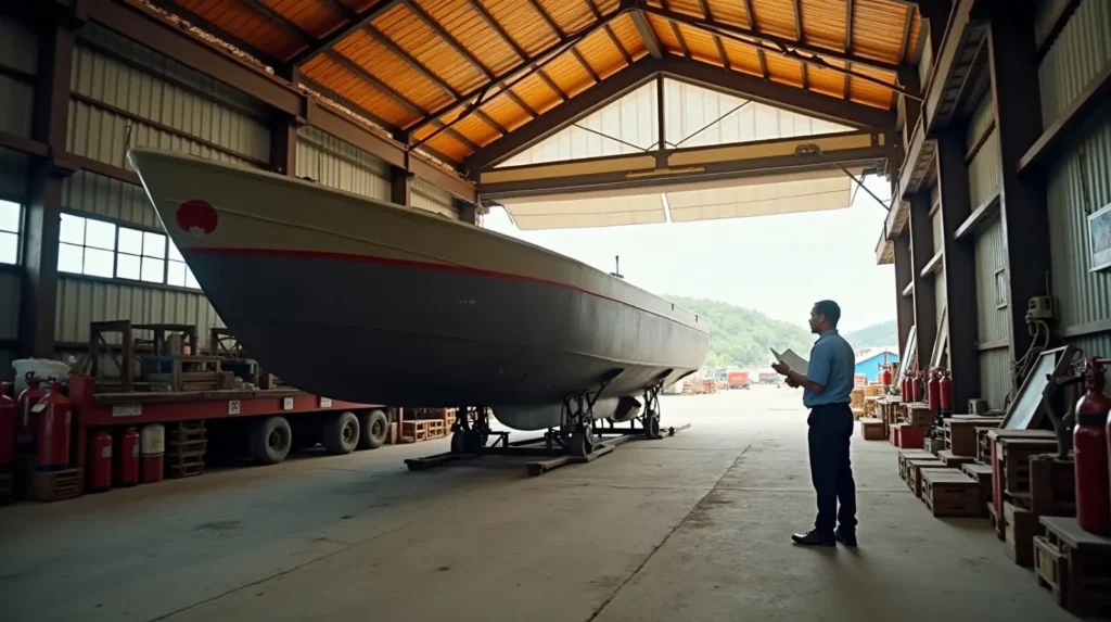 Large boat hull under cover in an Indonesian shipyard shed with workers and fire equipment nearby