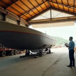 Large boat hull under cover in an Indonesian shipyard shed with workers and fire equipment nearby