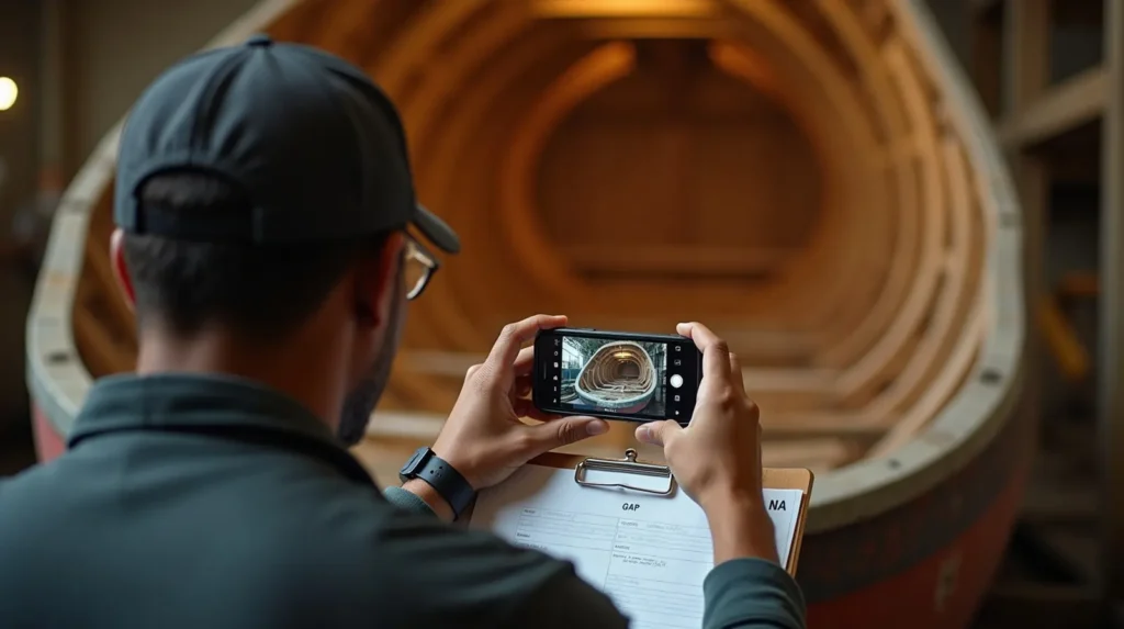 Shipwright photographing the internal framing of a wooden boat under construction with a smartphone