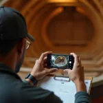 Shipwright photographing the internal framing of a wooden boat under construction with a smartphone