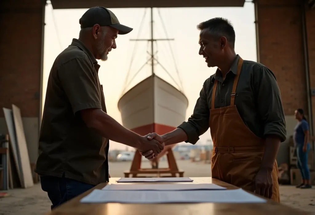 Boat owner and Indonesian shipyard manager shaking hands over build contract documents