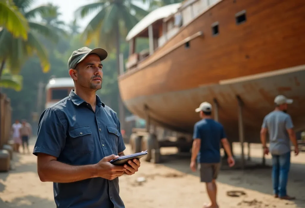 Owner's representative with a notebook inspecting a large wooden yacht hull in an Indonesian boatyard