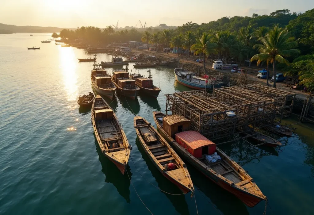 Boatyard on Kendari Bay in Southeast Sulawesi with wooden fishing boats and a steel workboat under construction