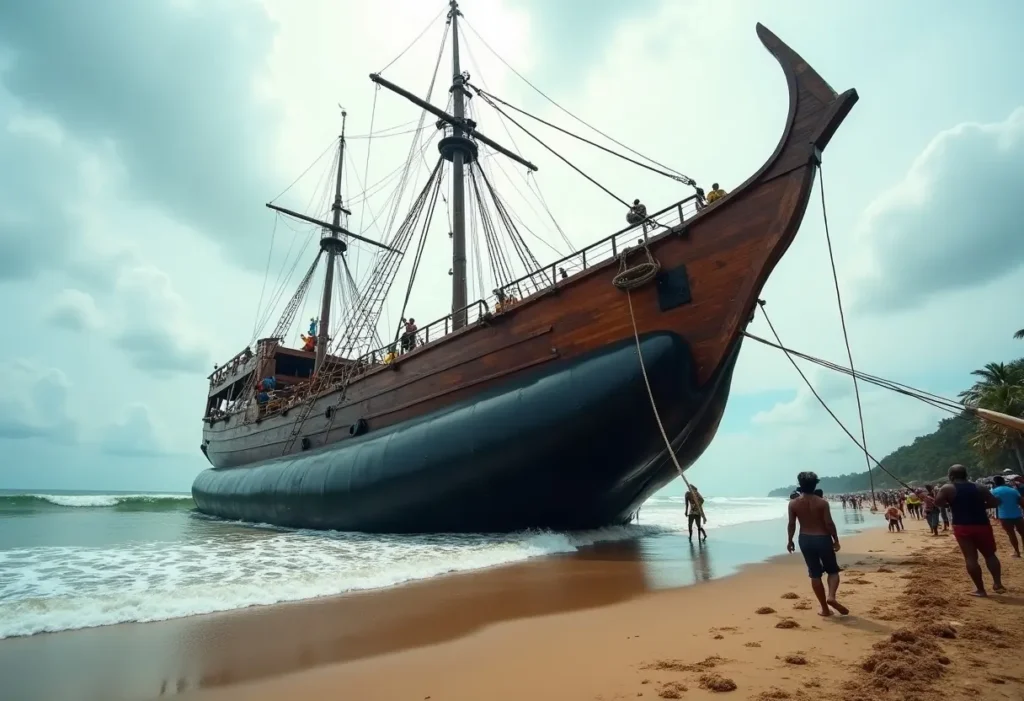 Wooden phinisi ship rolling down a beach on marine airbags toward the sea at high tide in Bulukumba