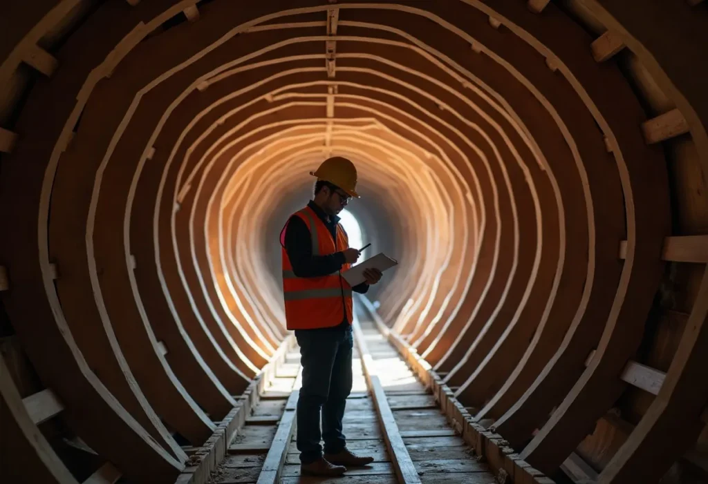 Quality inspector checking fastenings and timber joints inside the open hull of a wooden ship