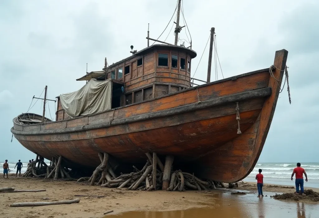 Half-planked wooden phinisi hull under tarpaulins on a Sulawesi beach awaiting build completion