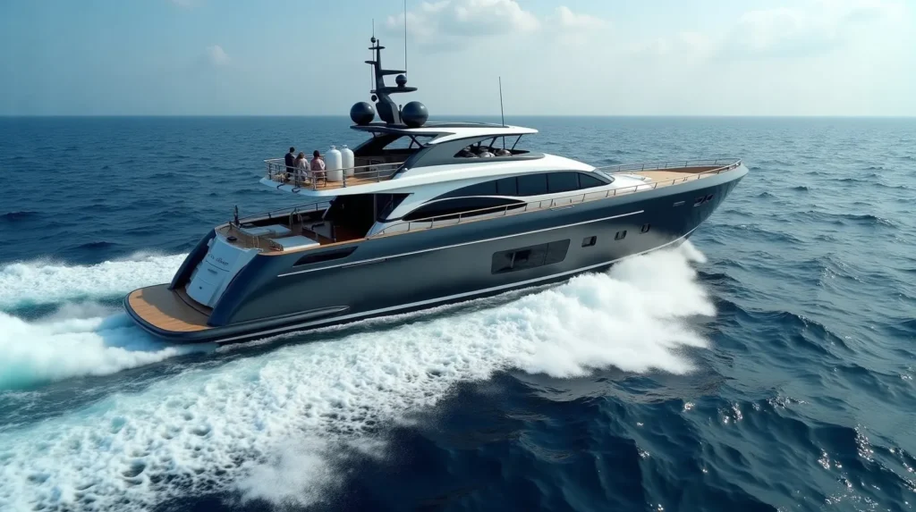 New motor yacht cutting a wake during a sea trial off the Indonesian coast