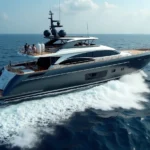 New motor yacht cutting a wake during a sea trial off the Indonesian coast