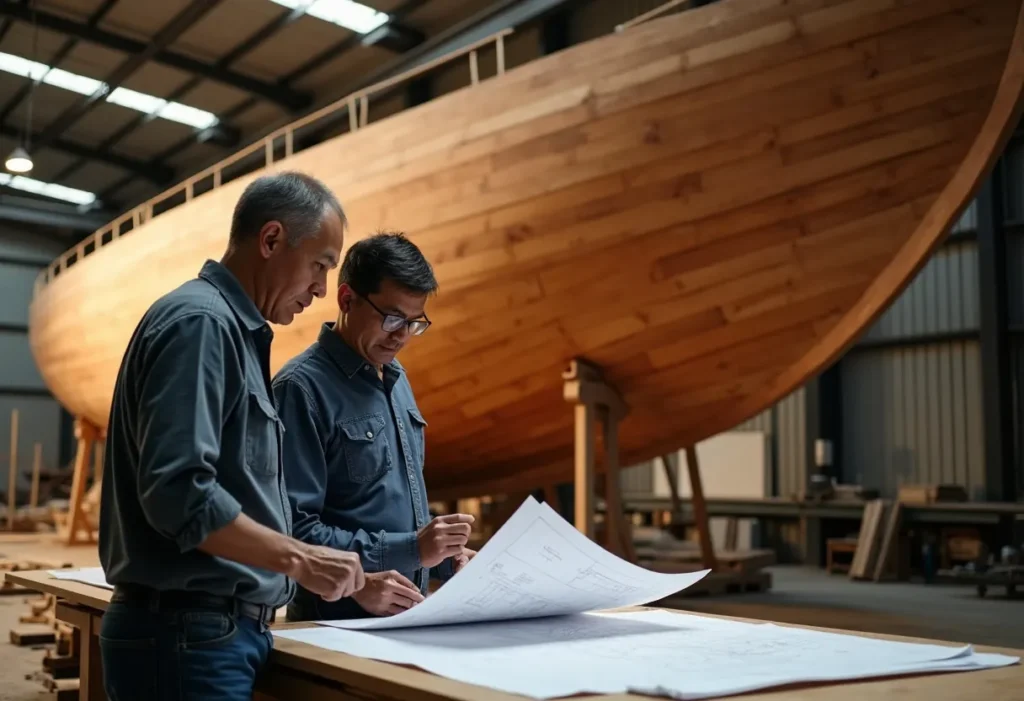 Engineer and Indonesian master boatbuilder reviewing drawings beside a wooden hull under construction