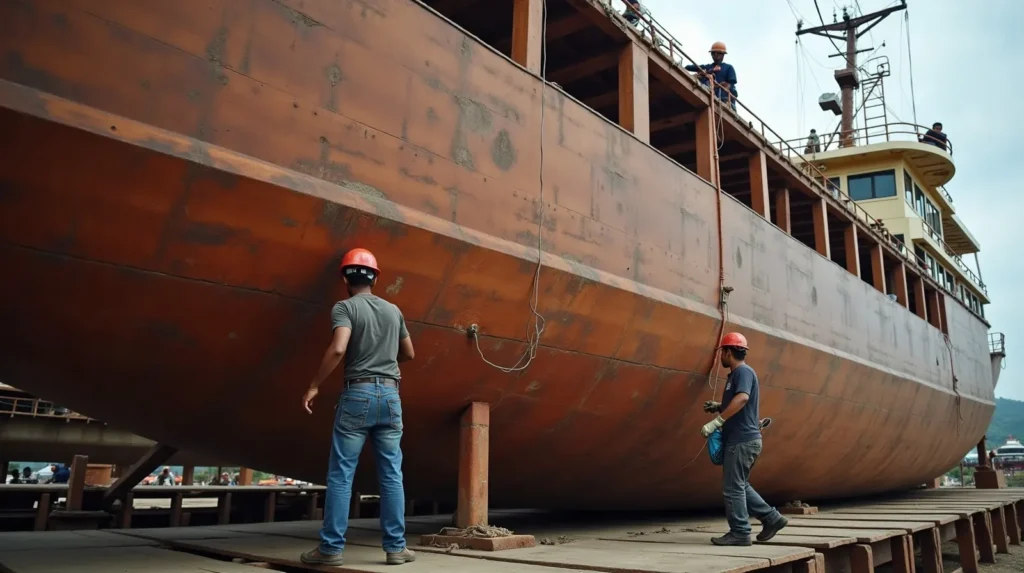 Boatbuilders, welders and electricians working together on a large wooden vessel under construction