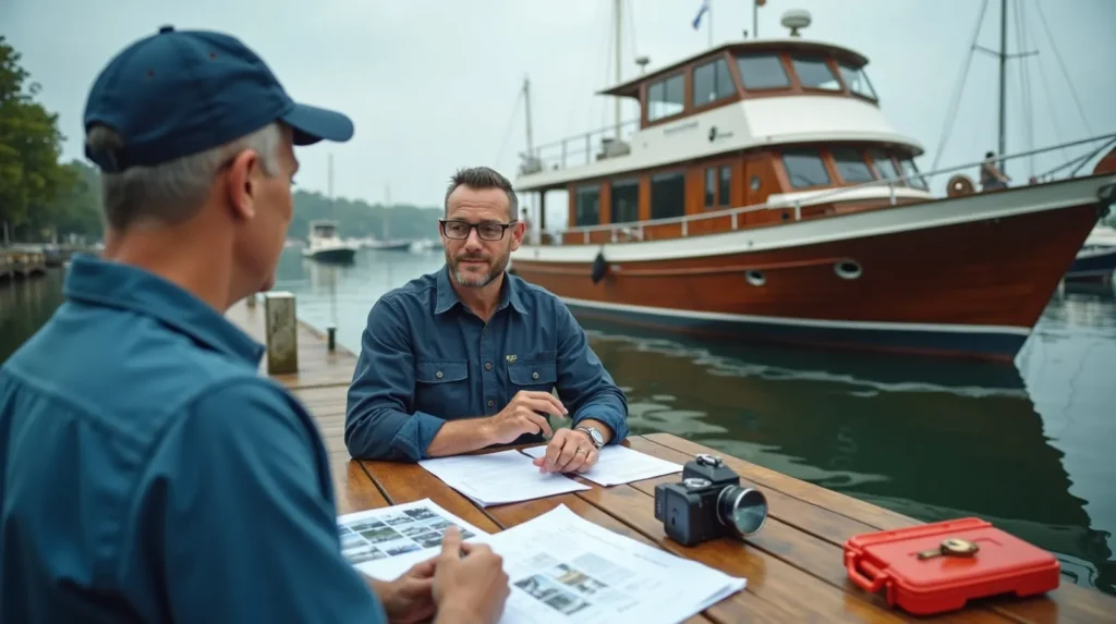 Owner and marine surveyor reviewing warranty documents beside a moored Indonesian-built wooden yacht